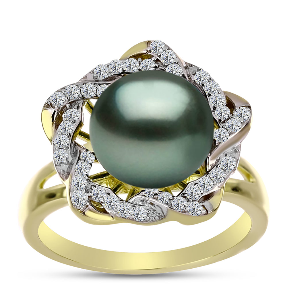 Anel de Prata com Banho de Ouro com Pérola de água doce com tonalidade verde estilo Taiti e Topázio Branco  Contraste: Cabeca de Veado (800)
