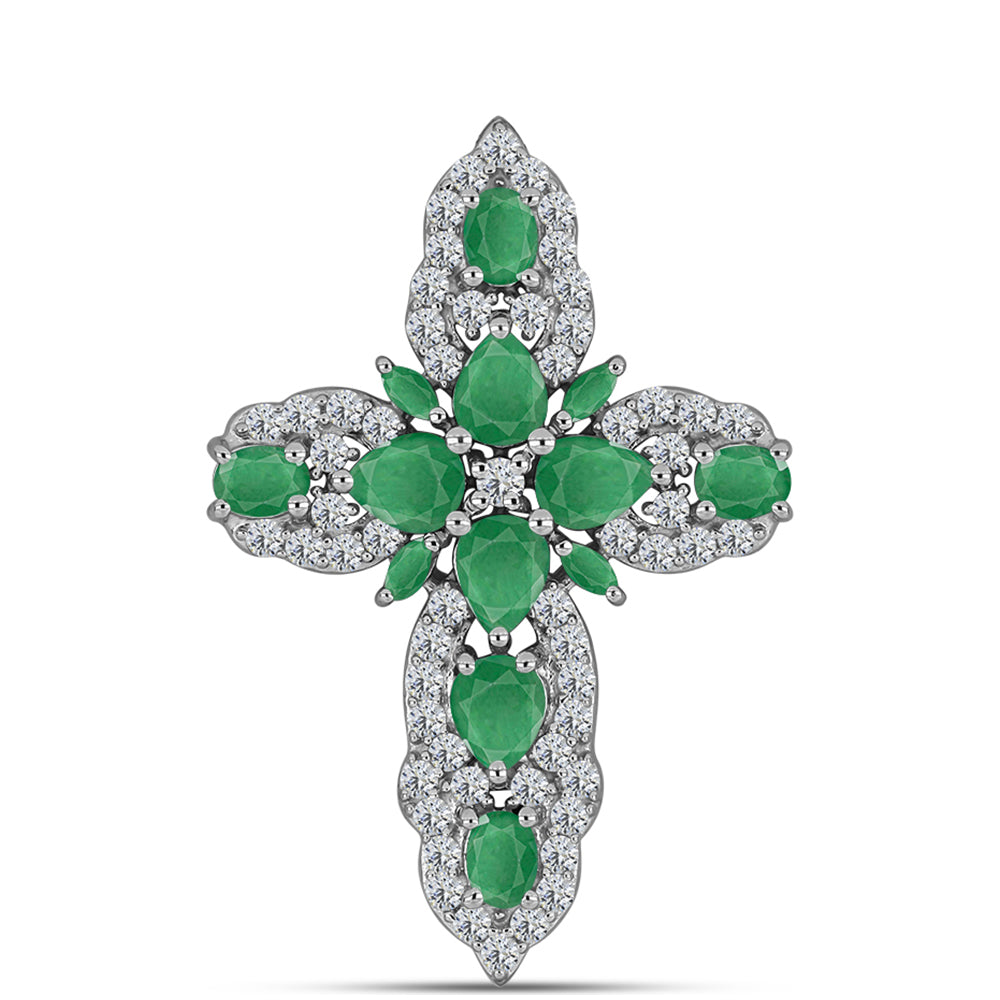 Cruz Pendente de Prata com Esmeralda do Brasil e Topázio Branco  Contraste: Cabeca de Veado (800)