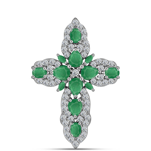 Cruz Pendente de Prata com Esmeralda do Brasil e Topázio Branco  Contraste: Cabeca de Veado (800)