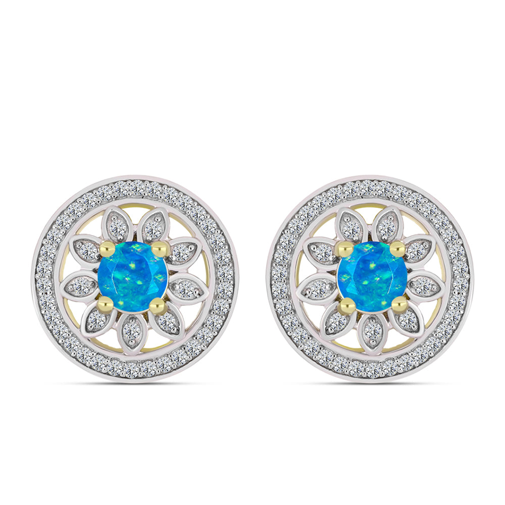 Brincos de Prata com Banho de Ouro com Opala Azul Paraib da Etiópia e Topázio Branco