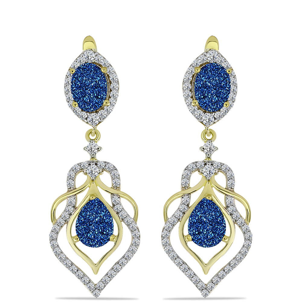 Brincos de Prata com Banho de Ouro com Drusy Azul e Topázio Branco  Contraste: Cabeca de Veado (800) 1 
