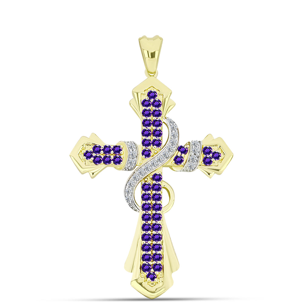 Cruz Pendente de Prata com Banho de Ouro com Ametista de Marrocos e Topázio Branco  Contraste: Cabeca de Veado (800) 1 