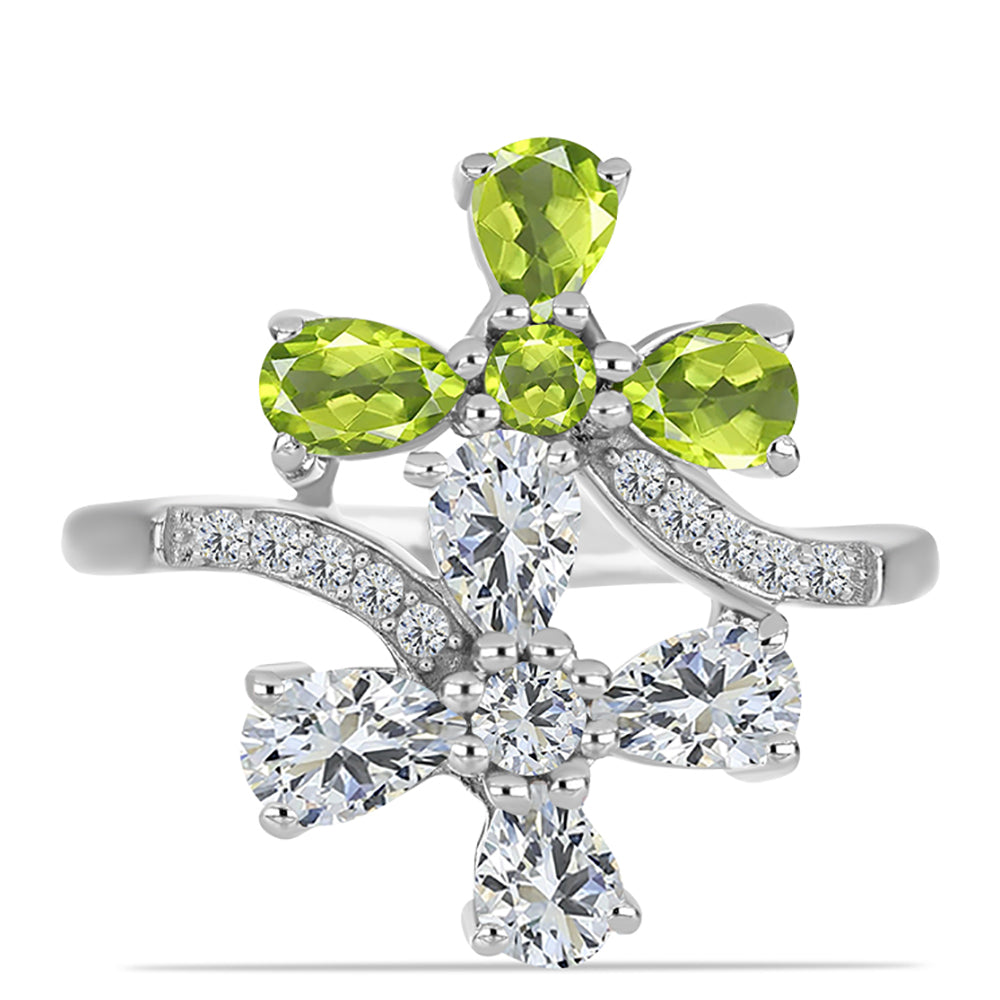 Anel de Prata com Peridoto de Changbai e Topázio Branco  Contraste: Cabeca de Veado (800)