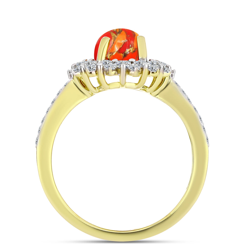 Anel de Prata com Banho de Ouro com Turquesa de Mohave e Topázio Branco  Contraste: Cabeca de Veado (800)