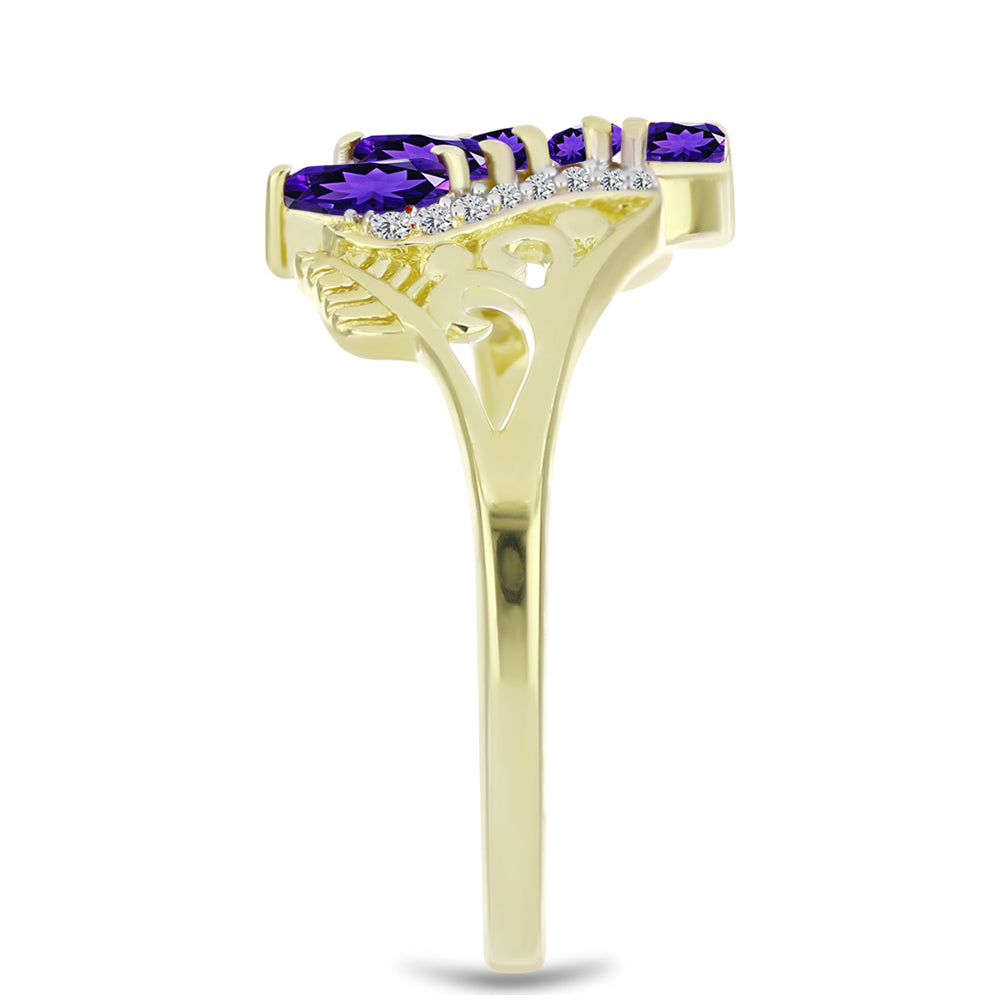 Anel de Prata com Banho de Ouro com Ametista de Marrocos e Topázio Branco  Contraste: Cabeca de Veado (800)