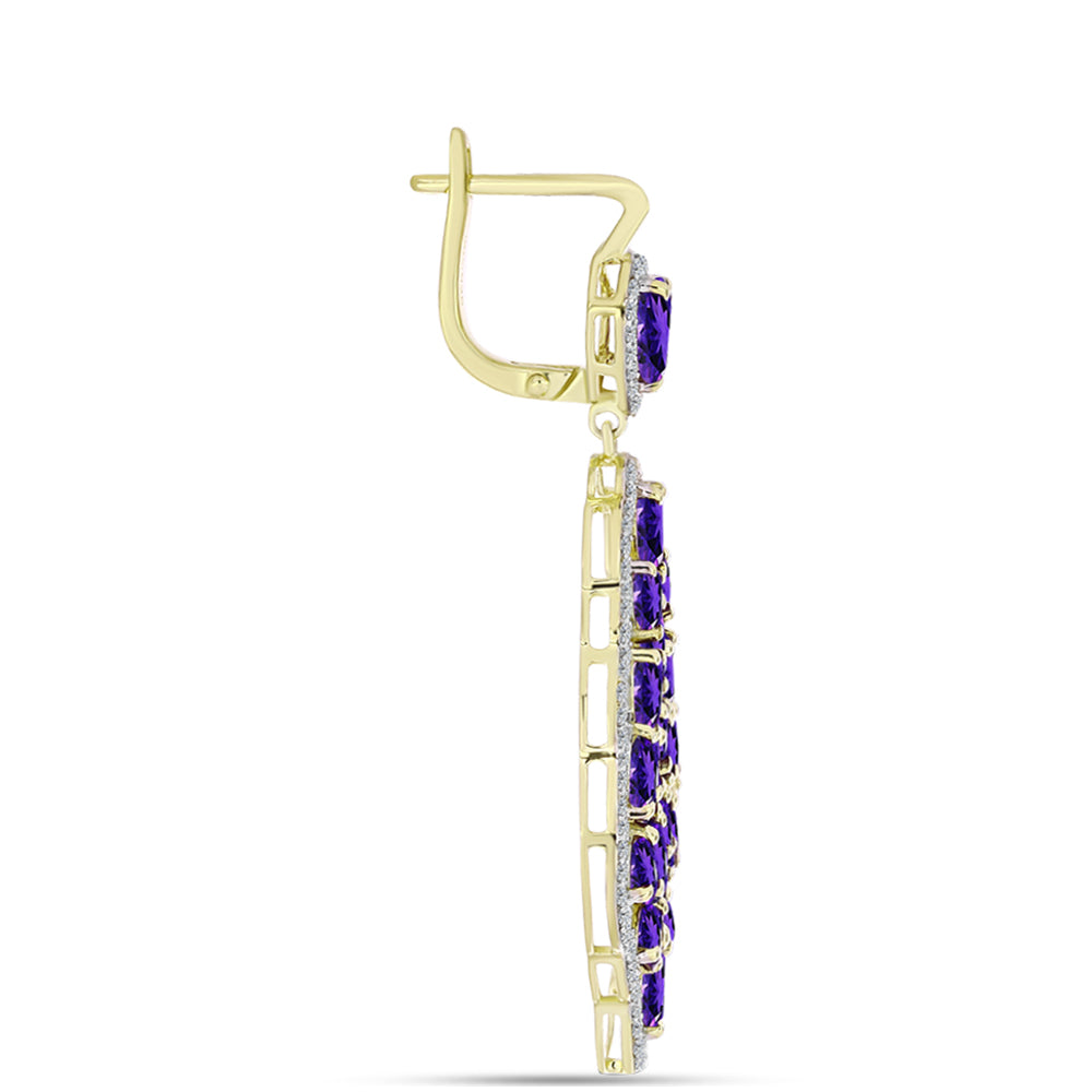 Brincos de Prata com Banho de Ouro com Ametista de Marrocos e Topázio Branco  Contraste: Cabeca de Veado (800)