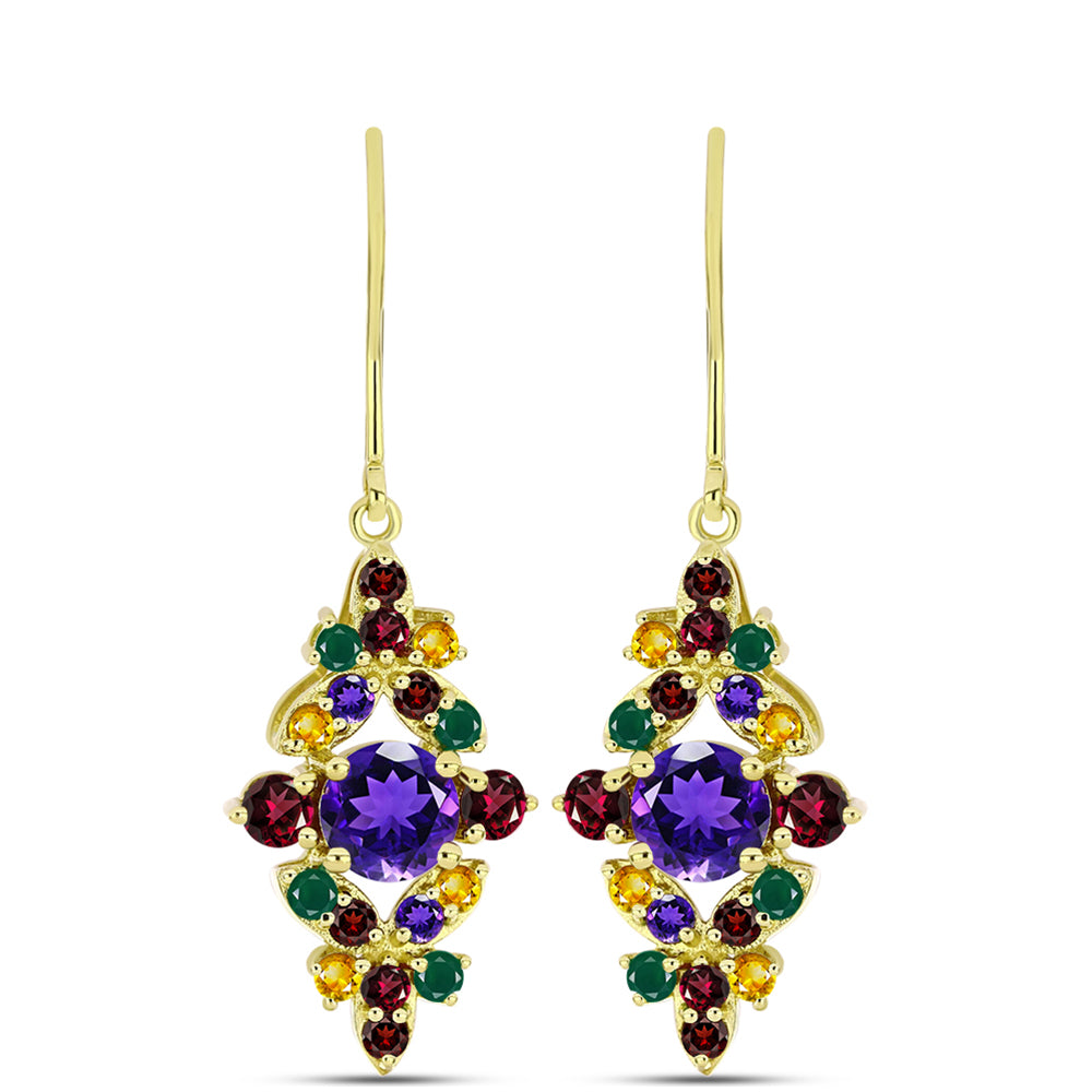 Brincos de Prata com Banho de Ouro com Ametista de Marrocos e Granada Rhodolite das Minas Moatize 1 
