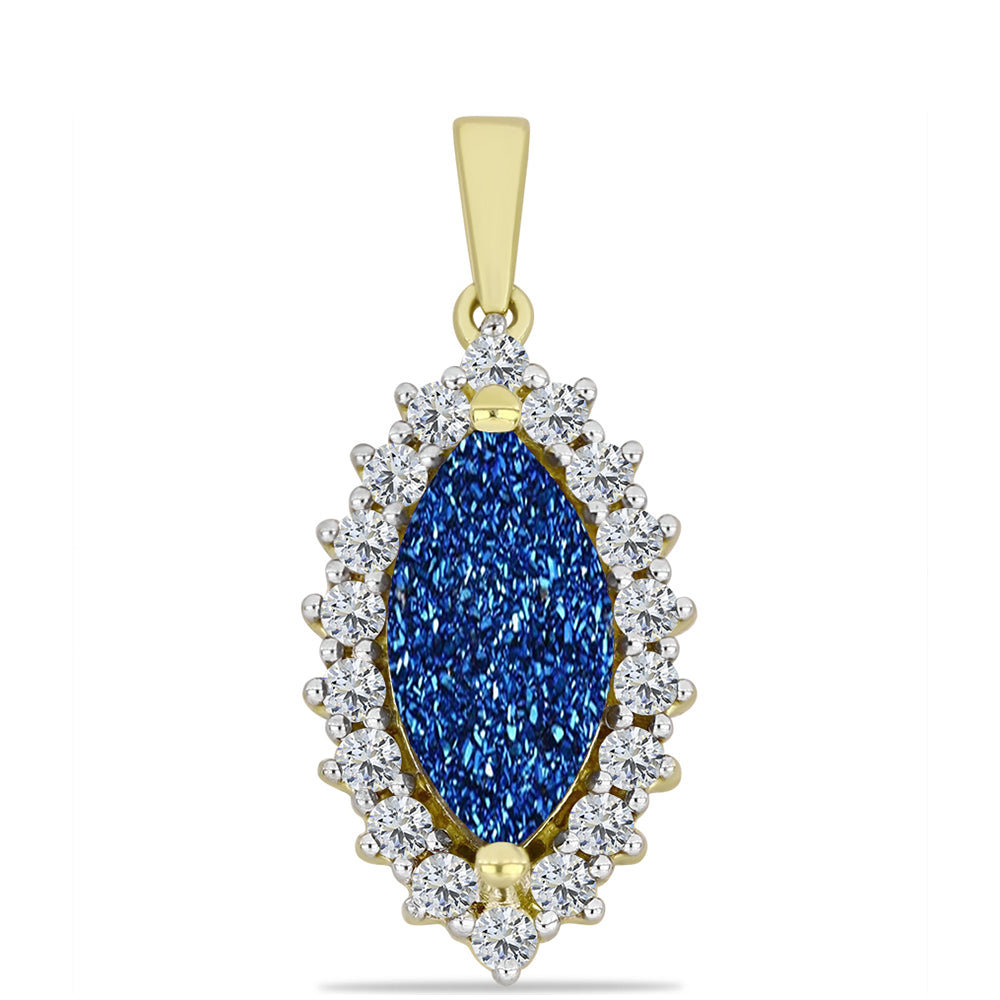 Pendente de Prata com Banho de Ouro com Drusy Azul e Topázio Branco