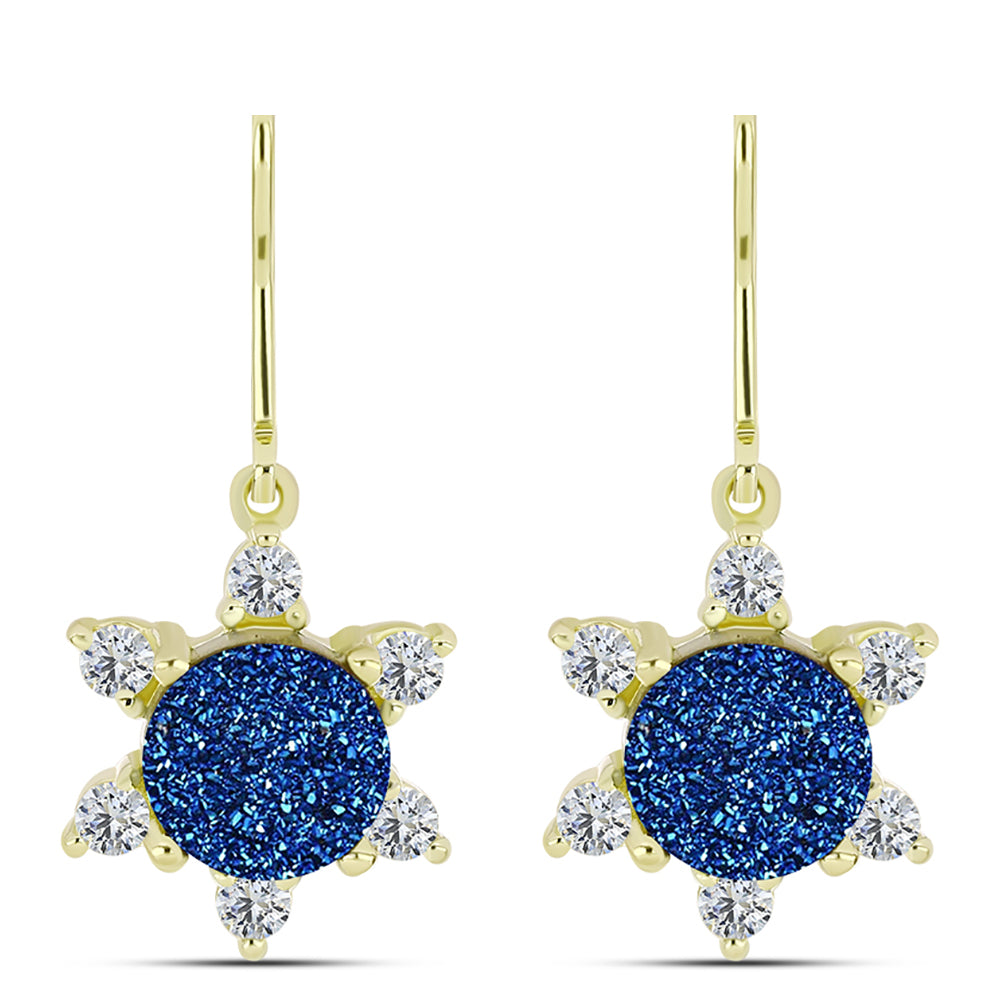 Brincos de Prata com Banho de Ouro com Drusy Azul e Topázio Branco