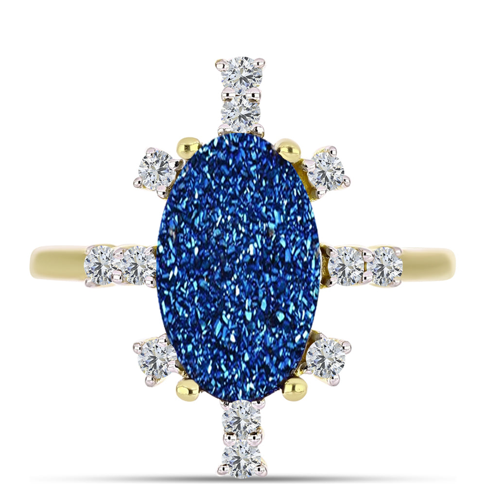 Anel de Prata com Banho de Ouro com Drusy Azul e Topázio Branco  Contraste: Cabeca de Veado (800)