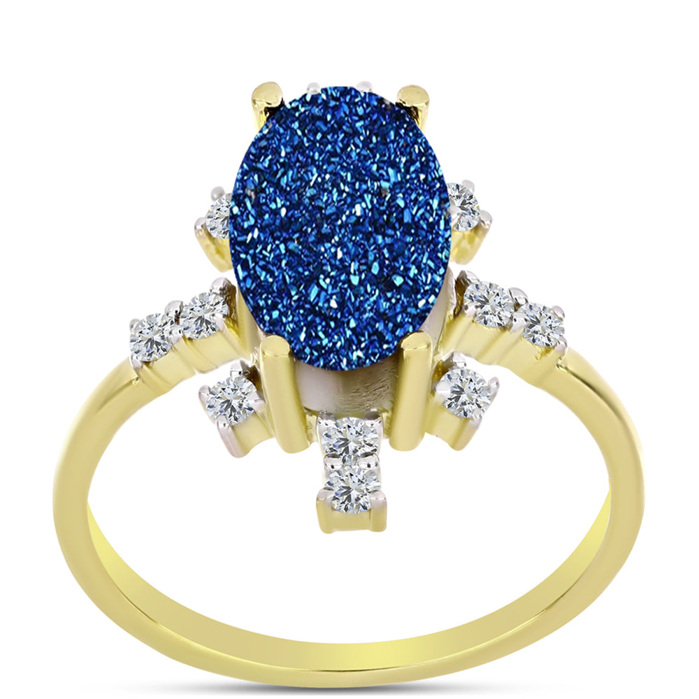 Anel de Prata com Banho de Ouro com Drusy Azul e Topázio Branco  Contraste: Cabeca de Veado (800)