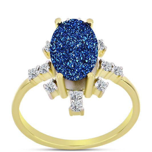 Anel de Prata com Banho de Ouro com Drusy Azul e Topázio Branco  Contraste: Cabeca de Veado (800)
