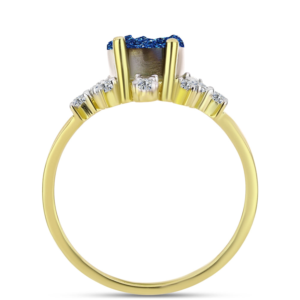 Anel de Prata com Banho de Ouro com Drusy Azul e Topázio Branco  Contraste: Cabeca de Veado (800)