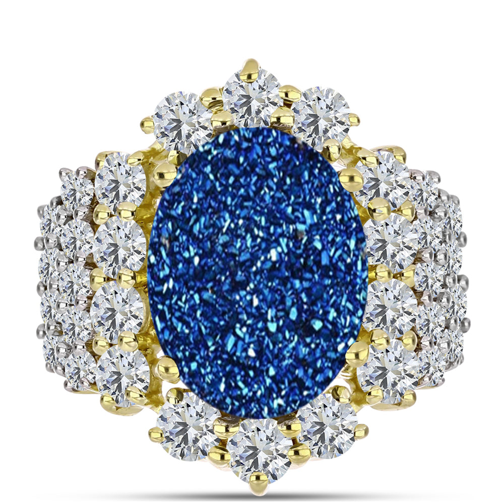 Anel de Prata com Banho de Ouro com Drusy Azul e Topázio Branco  Contraste: Cabeca de Veado (800) 1 