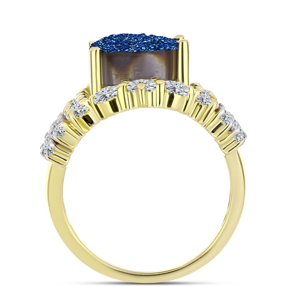 Anel de Prata com Banho de Ouro com Drusy Azul e Topázio Branco  Contraste: Cabeca de Veado (800) 2 