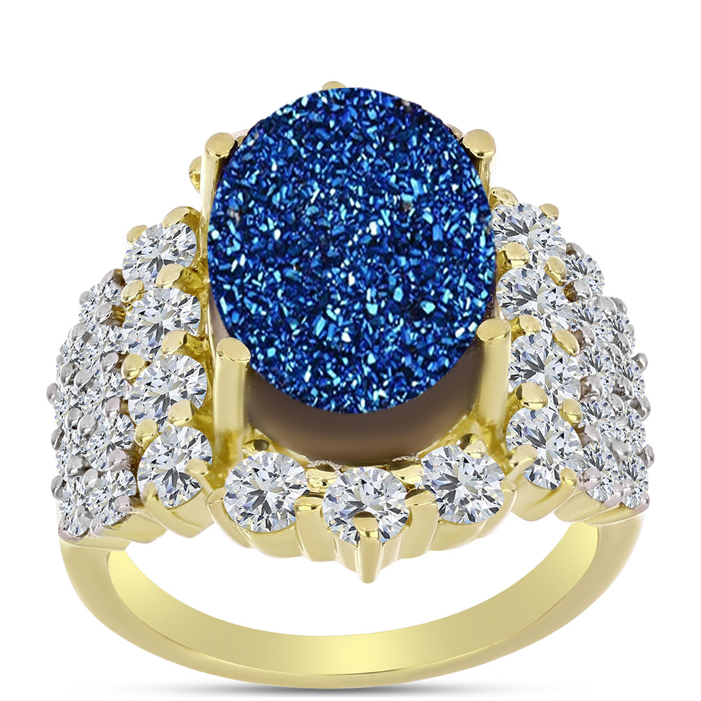 Anel de Prata com Banho de Ouro com Drusy Azul e Topázio Branco  Contraste: Cabeca de Veado (800)