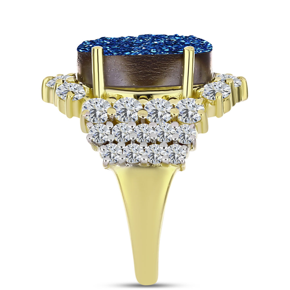 Anel de Prata com Banho de Ouro com Drusy Azul e Topázio Branco  Contraste: Cabeca de Veado (800) 4 