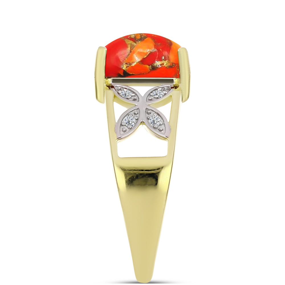 Anel de Prata com Banho de Ouro com Turquesa de Mohave e Topázio Branco  Contraste: Cabeca de Veado (800)