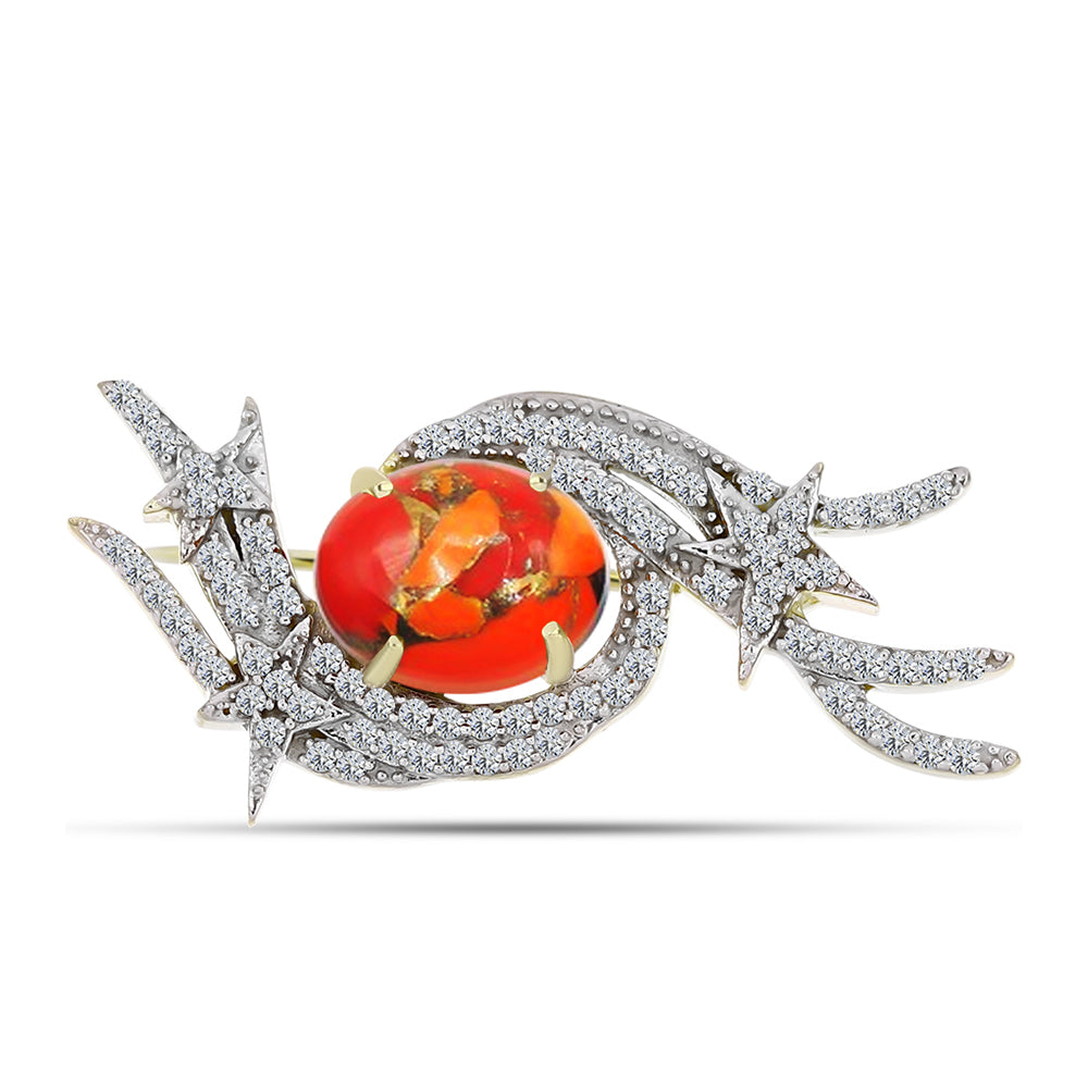 Alfinete de Prata com Banho de Ouro com Turquesa de Mohave e Topázio Branco  Contraste: Cabeca de Veado (800)