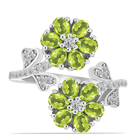 Anel de Prata com Peridoto de Changbai e Topázio Branco  Contraste: Cabeca de Veado (800)