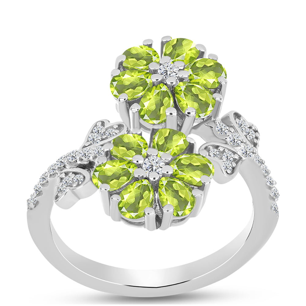 Anel de Prata com Peridoto de Changbai e Topázio Branco  Contraste: Cabeca de Veado (800)