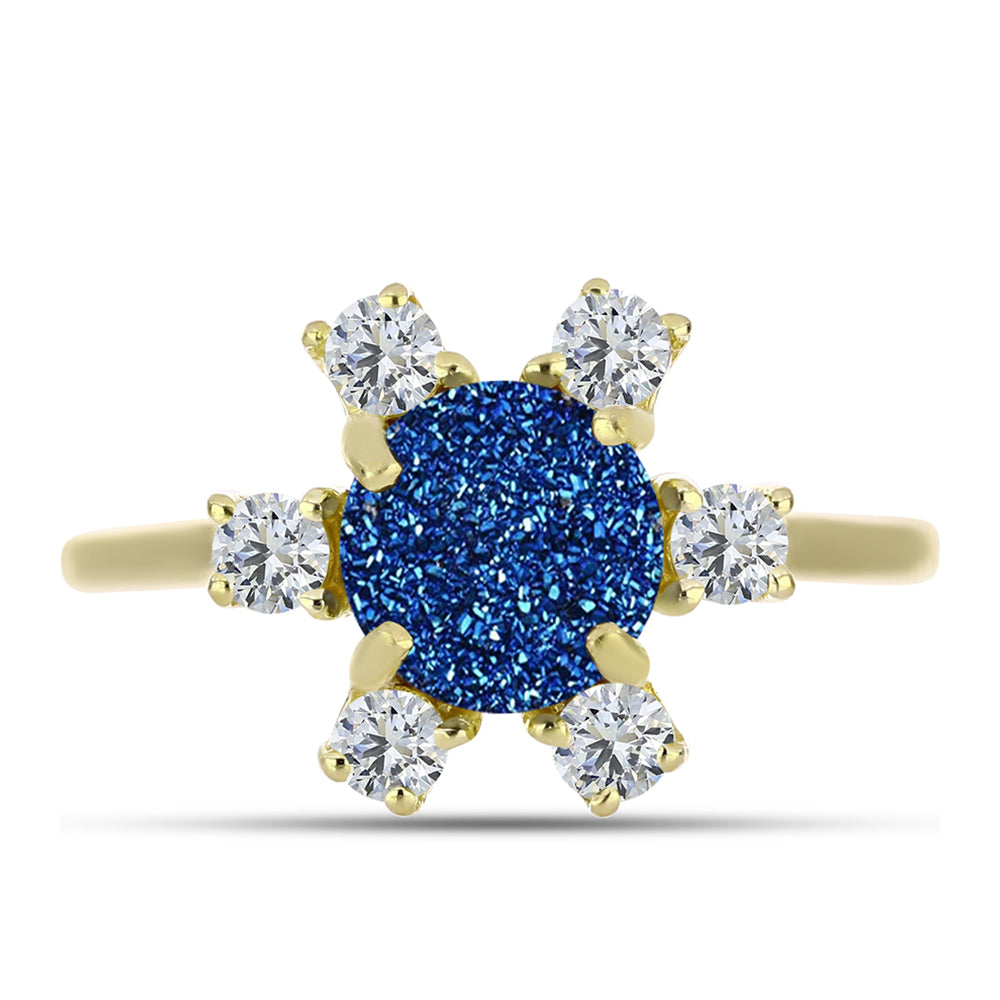 Anel de Prata com Banho de Ouro com Drusy Azul e Topázio Branco  Contraste: Cabeca de Veado (800)