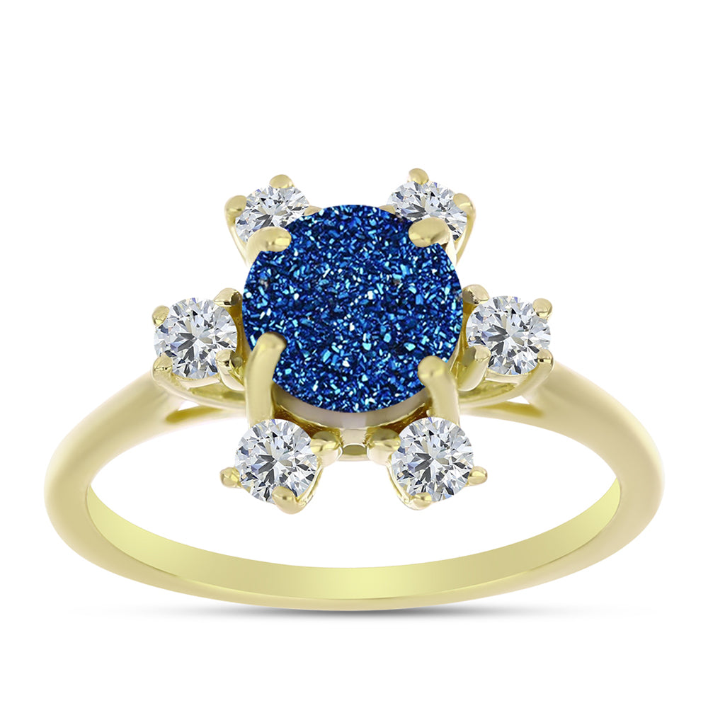 Anel de Prata com Banho de Ouro com Drusy Azul e Topázio Branco  Contraste: Cabeca de Veado (800) 3 