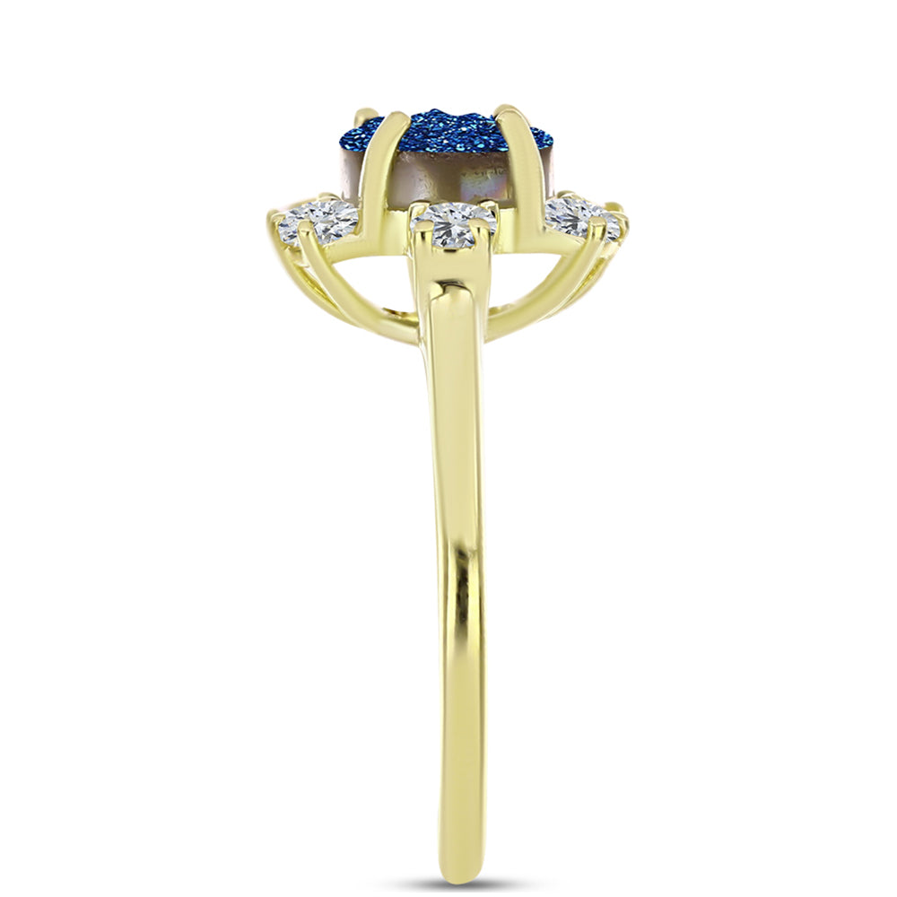 Anel de Prata com Banho de Ouro com Drusy Azul e Topázio Branco  Contraste: Cabeca de Veado (800)