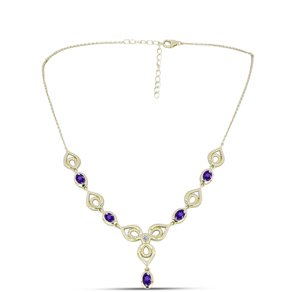 Colar de Prata com Banho de Ouro com Ametista de Marrocos e Topázio Branco  Contraste: Cabeca de Veado (800)