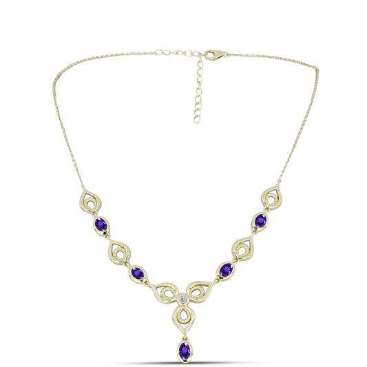 Colar de Prata com Banho de Ouro com Ametista de Marrocos e Topázio Branco  Contraste: Cabeca de Veado (800)