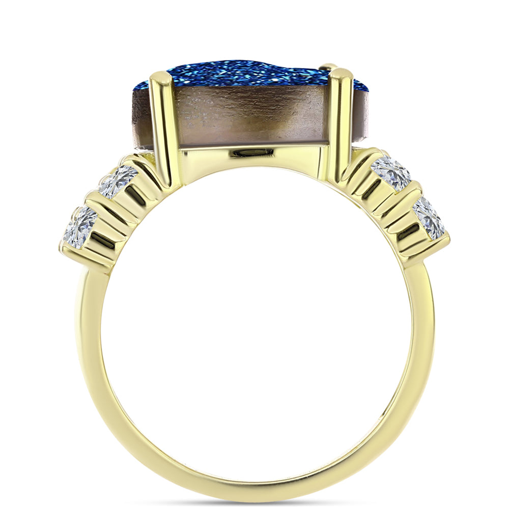 Anel de Prata com Banho de Ouro com Drusy Azul e Topázio Branco  Contraste: Cabeca de Veado (800)