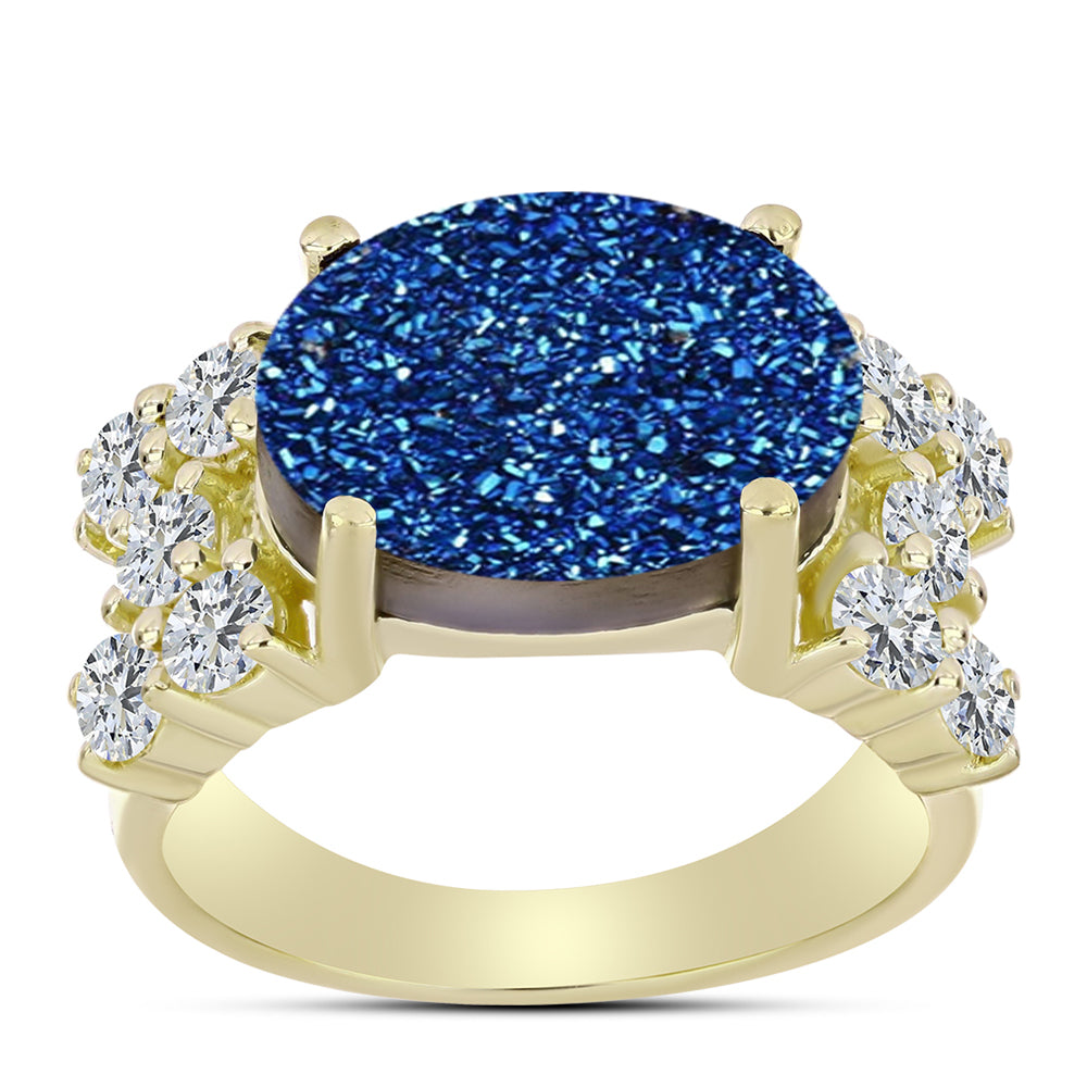 Anel de Prata com Banho de Ouro com Drusy Azul e Topázio Branco  Contraste: Cabeca de Veado (800) 3 