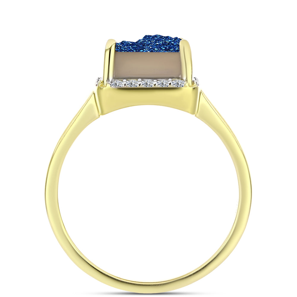 Anel de Prata com Banho de Ouro com Drusy Azul e Topázio Branco  Contraste: Cabeca de Veado (800)