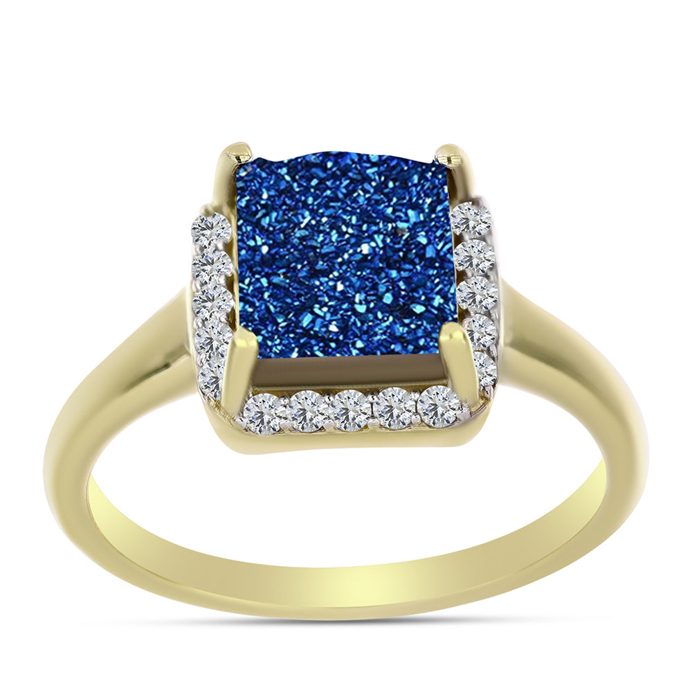 Anel de Prata com Banho de Ouro com Drusy Azul e Topázio Branco  Contraste: Cabeca de Veado (800)