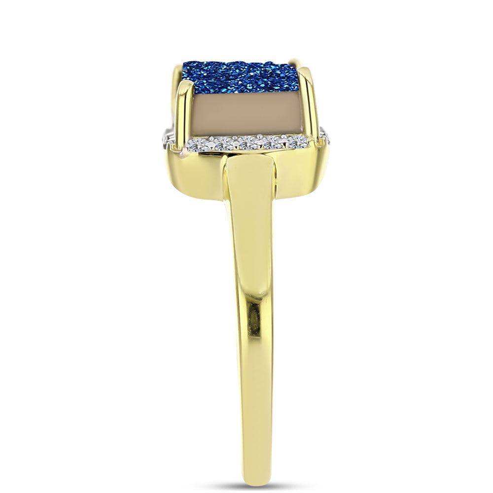 Anel de Prata com Banho de Ouro com Drusy Azul e Topázio Branco  Contraste: Cabeca de Veado (800) 4 