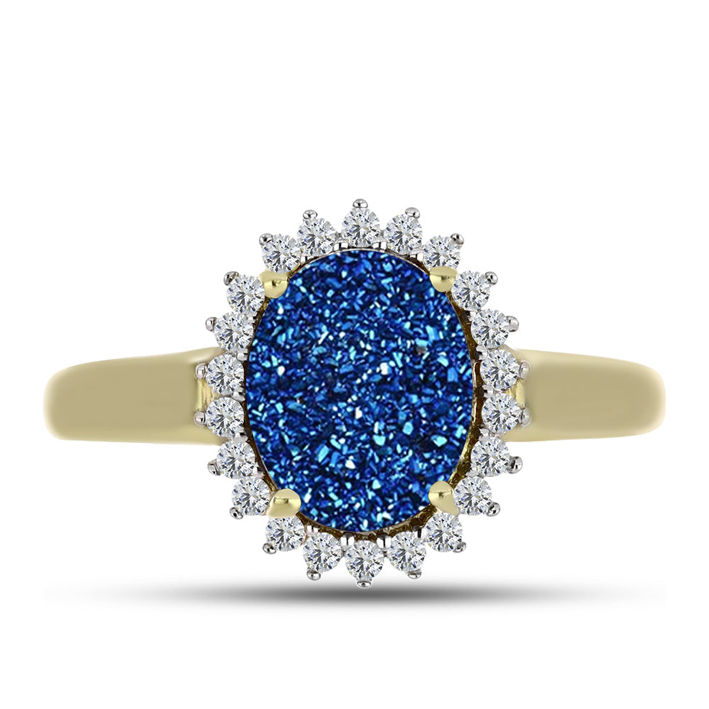 Anel de Prata com Banho de Ouro com Drusy Azul e Topázio Branco 1 
