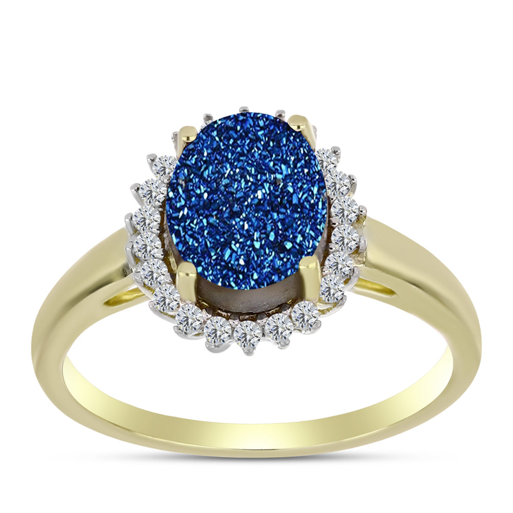 Anel de Prata com Banho de Ouro com Drusy Azul e Topázio Branco 3 