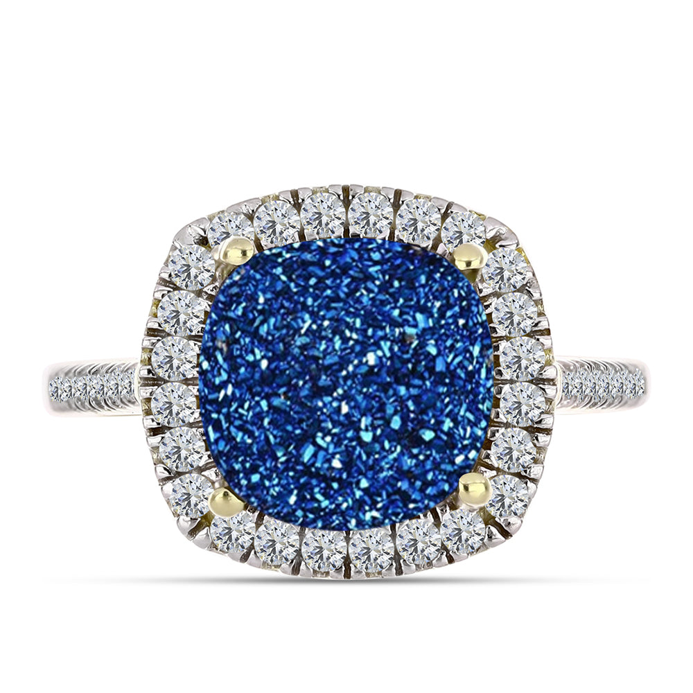 Anel de Prata com Banho de Ouro com Drusy Azul e Topázio Branco  Contraste: Cabeca de Veado (800) 1 
