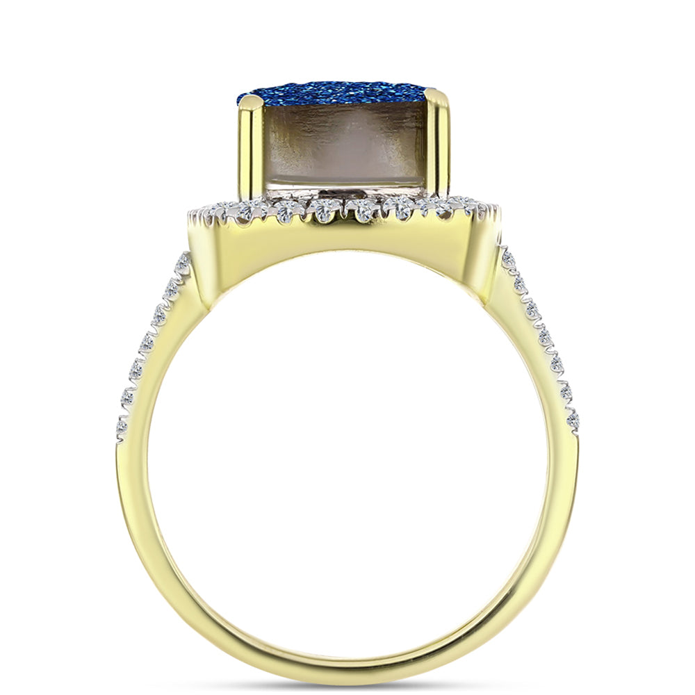Anel de Prata com Banho de Ouro com Drusy Azul e Topázio Branco  Contraste: Cabeca de Veado (800) 2 