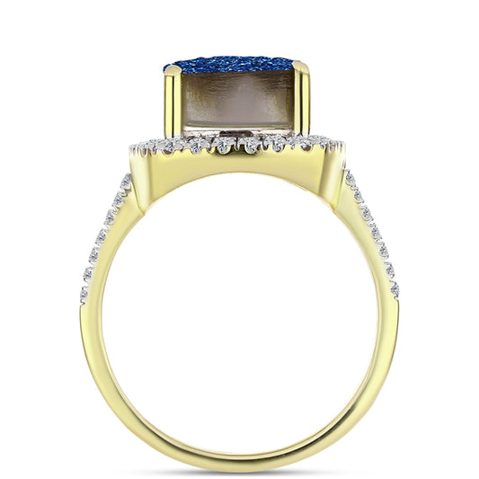 Anel de Prata com Banho de Ouro com Drusy Azul e Topázio Branco  Contraste: Cabeca de Veado (800)