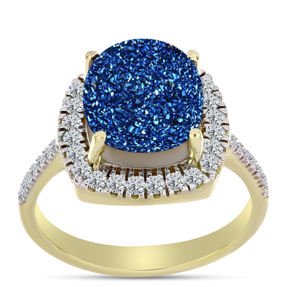 Anel de Prata com Banho de Ouro com Drusy Azul e Topázio Branco  Contraste: Cabeca de Veado (800)