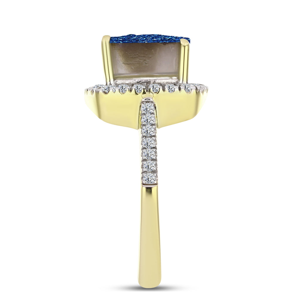 Anel de Prata com Banho de Ouro com Drusy Azul e Topázio Branco  Contraste: Cabeca de Veado (800)
