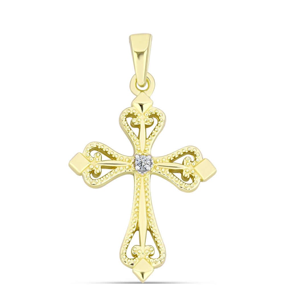 Cruz Pendente de Prata com Banho de Ouro com Diamante Branco 1 