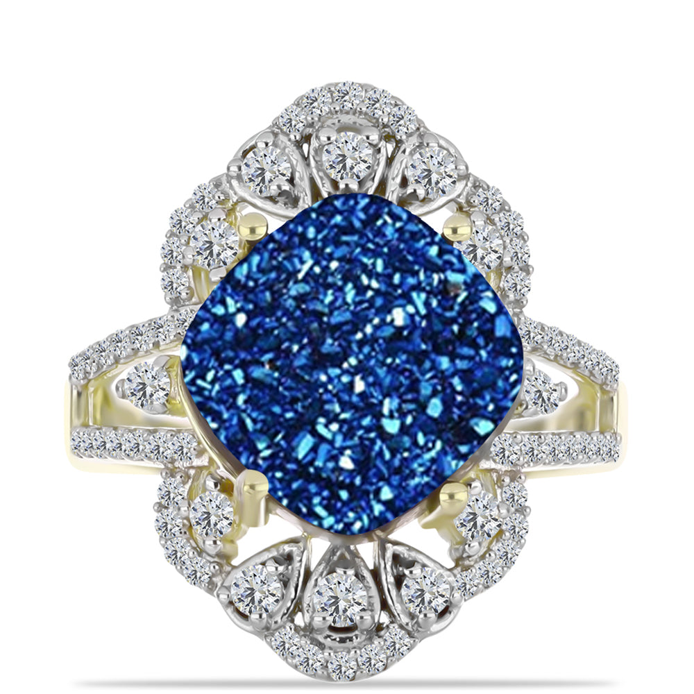 Anel de Prata com Banho de Ouro com Drusy Azul e Topázio Branco  Contraste: Cabeca de Veado (800) 1 