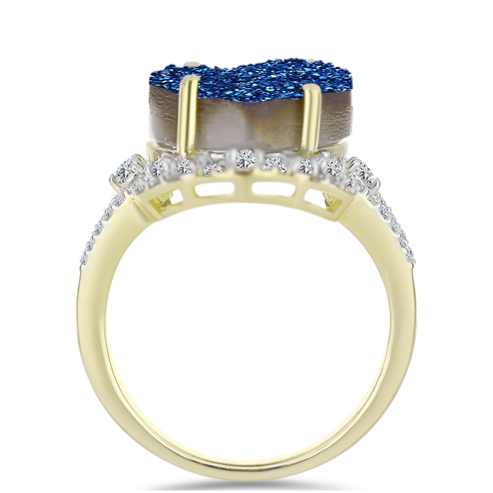 Anel de Prata com Banho de Ouro com Drusy Azul e Topázio Branco  Contraste: Cabeca de Veado (800)