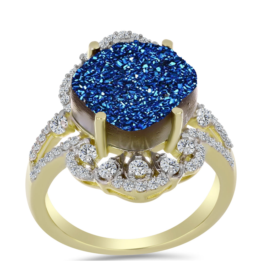 Anel de Prata com Banho de Ouro com Drusy Azul e Topázio Branco  Contraste: Cabeca de Veado (800)