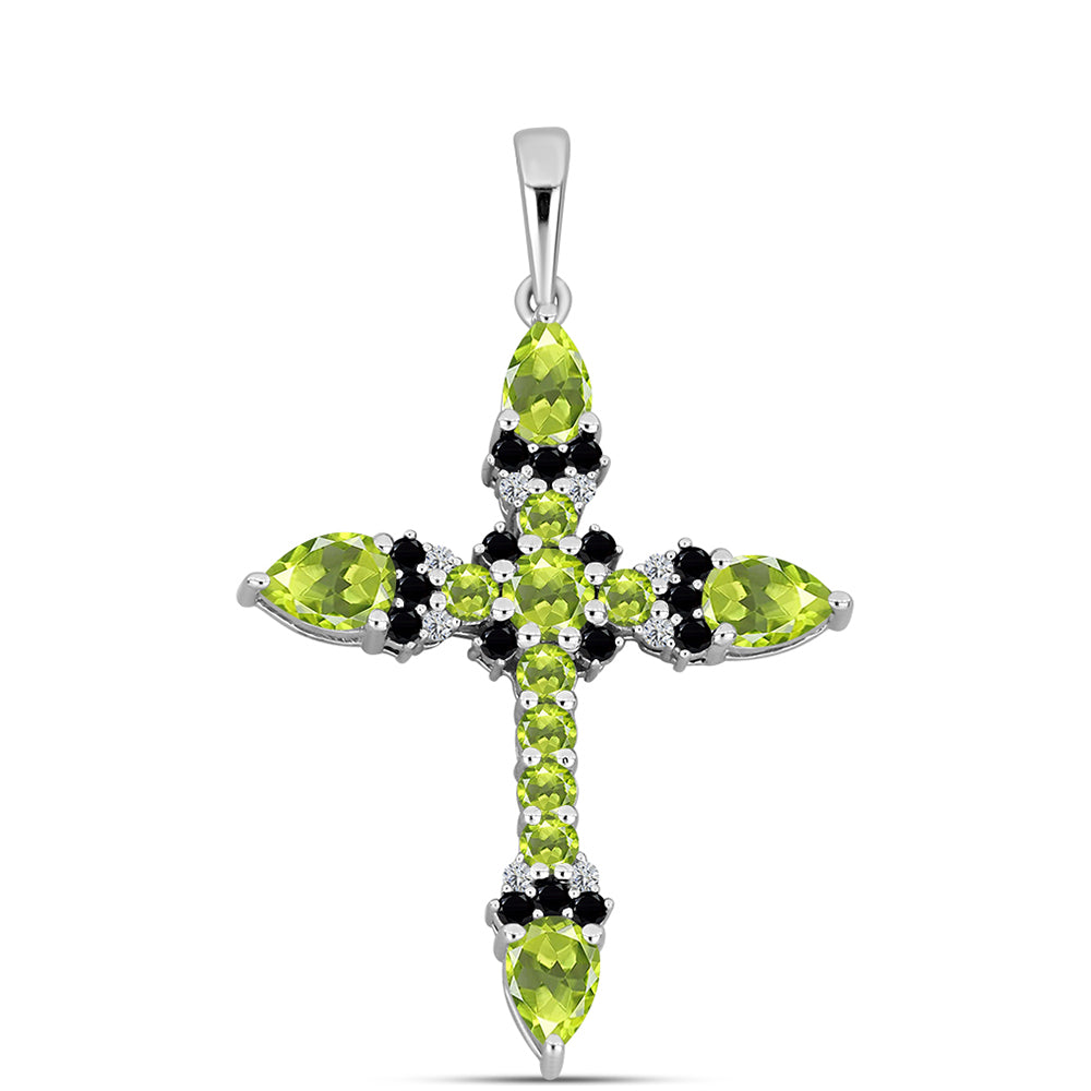 Cruz Pendente de Prata com Peridoto de Changbai e Topázio Branco  Contraste: Cabeca de Veado (800)