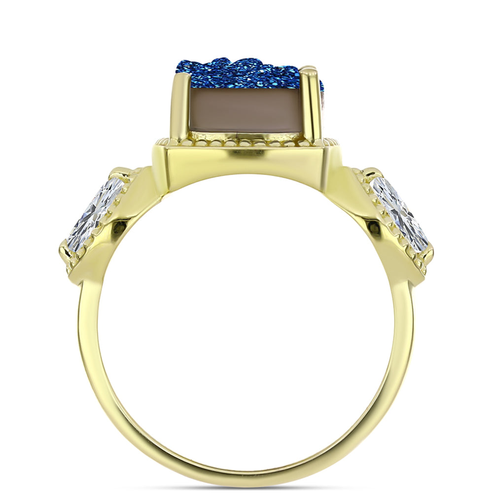 Anel de Prata com Banho de Ouro com Drusy Azul e Topázio Branco  Contraste: Cabeca de Veado (800)