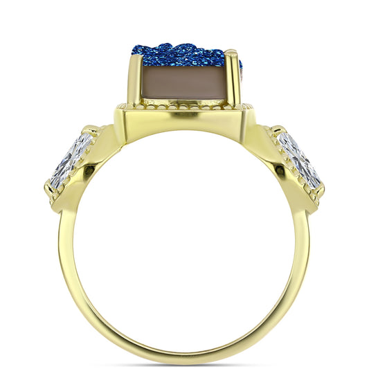Anel de Prata com Banho de Ouro com Drusy Azul e Topázio Branco  Contraste: Cabeca de Veado (800)