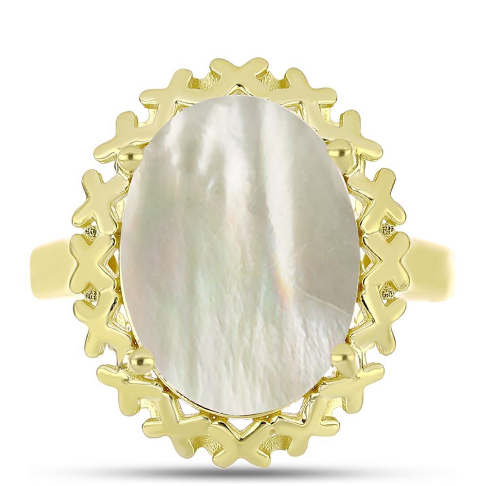 Anel de Prata com Banho de Ouro com Mãe de Pérola  Contraste: Cabeca de Veado (800)